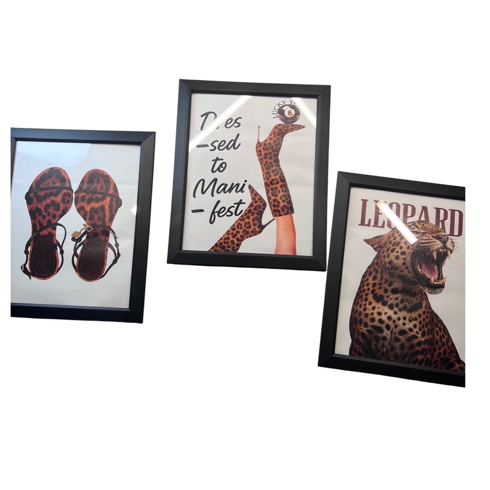 Set 3 Leopard Print Framed Wall Art 8x10 Dressed to Manifest Fashion Decor Black